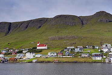 Tvoroyri, main village on Suduroy island, across Trongisvagsfjordur, Suduroy, Faroe Islands (Faroes), Denmark, Europe