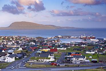 Torshavn and harbour, Nolsoy in the distance, Streymoy, Faroe Islands (Faroes), Denmark, Europe