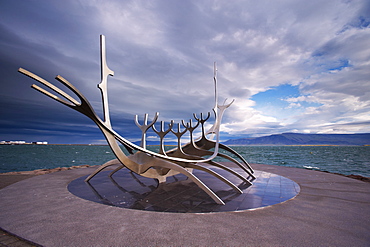 Solfar (Sun Voyager), iconic stainless-steel modern sculpture representing a Viking longboat by Jon Gunnar Arnason, Saebrot Avenue, Reykjavik, Iceland, Polar Regions