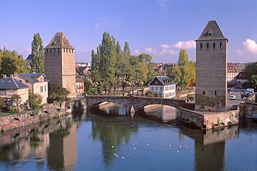 The Ponts-couverts (Covered-bridges) dating from the 14th century and two defensive towers over River Ill, overlooking the Petite France quarter, part of the Grande Ile, UNESCO World Heritage Site, Strasbourg, Alsace, France, Europe