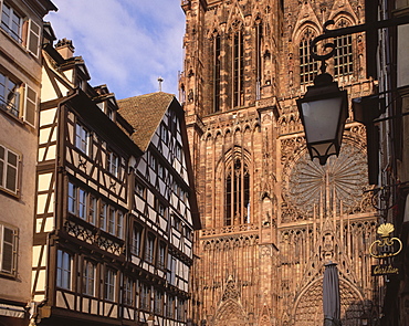 West front of Notre-Dame Gothic cathedral, from Rue Merciere, UNESCO World Heritage Site, Strasbourg, Alsace, France, Europe