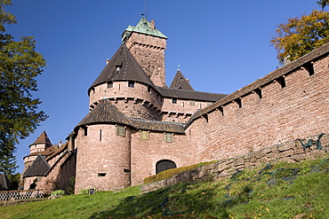 Haut-Koenigsbourg castle exterior walls, an impressive restored medieval castle overlooking the Rhine Plain, Haut Rhin, Alsace, France, Europe