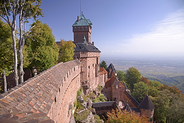 Haut-Koenigsbourg Castle, view of the exterior wall and keep overlooking the Alsace plain, from the grand bastion, Haut Rhin, Alsace, France, Europe