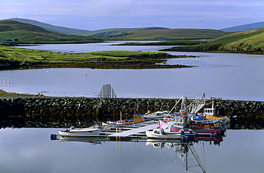 Bridge End, boats and south Voe, looking south, East and West Burra, Shetland Islands, Scotland, United Kingdom, Europe