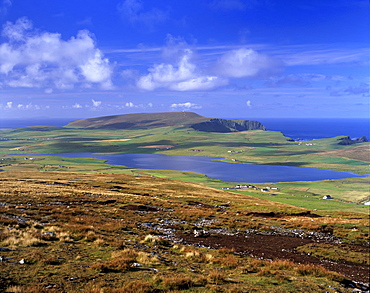 Loch of Spiggie and southwest coast of Mainland with Fitful Head on left, Mainland, Shetland Islands, Scotland, United Kingdom, Europe