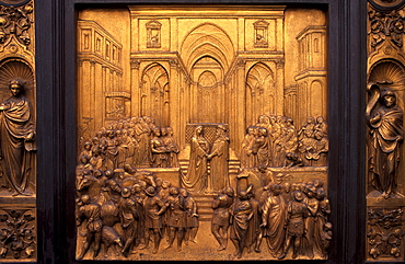 Gates of Paradise, bronze replica, by Lorenzo Ghiberti (1378-1455), scenes of the Old Testament, east door of the Baptistery near the Duomo, Florence (Firenze), Tuscany, Italy, Europe