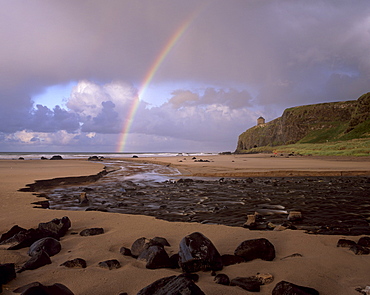 Rainbow over Mussenden Temple folly and Downhill strand, at Downhill, Castlerock, County Londonderry, Ulster, Northern Ireland, United Kingdom, Europe