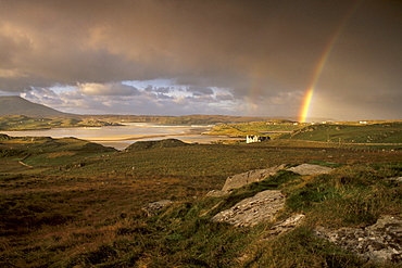 Rainbow over Uig sands (Traigh Chapadail), tidal area, from near Timsgarry, Isle of Lewis, Outer Hebrides, Scotland, United Kingdom, Europe