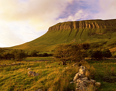 Benbulben, approx 500m, at sunset, near Sligo, County Sligo, Connacht, Republic of Ireland, Europe