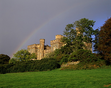 Lews Castle (Stornoway Casle) dating from the 19th century and rainbow, Stornoway, Lewis, Outer Hebrides, Scotland, United Kingdom, Europe