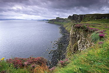 Basaltic cliffs dominating Raasay Sound, east coast of Skye, Trotternish, Isle of Skye, Inner Hebrides, Scotland, United Kingdom, Europe