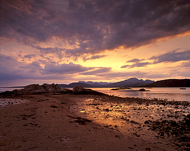 Black Cuillins range from the shores of Loch Eishort at sunset, Isle of Skye, Inner Hebrides, Scotland, United Kingdom, Europe