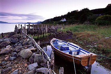 Small boat and house, Loch Fyne, Argyll, Scotland, United Kingdom, Europe