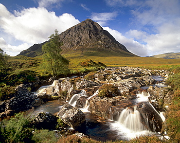 Waterfall on River Coupall, Buachaille Etive Mor in background, Glen Etive, near Glencoe, Highland region, Scotland, United Kingdom, Europe