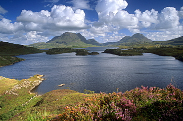 Loch Sionascaig, Cul Mor on left, and Cul Beag on right, Inverpolly Nature Reserve, Sutherland, Highland region, Scotland, United Kingdom, Europe