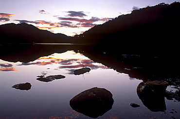 Loch Achray at sunset, part of Loch Lomond and the Trossachs National Park, Stirlingshire, Scotland, United Kingdom, Europe