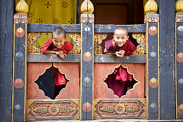 Young Buddhist monks, Paro Dzong, Paro, Bhutan, Asia