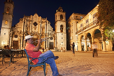 Trumpet player, Plaza de la Catedral, Havana, Cuba, West Indies, Central America