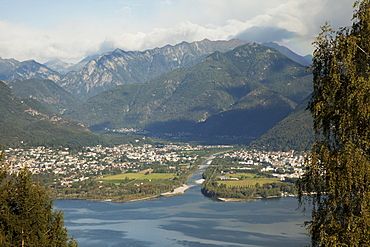 River Maggia and the towns of Ascona and Locarno, Lake Maggiore, Canton Tessin, Switzerland, Europe