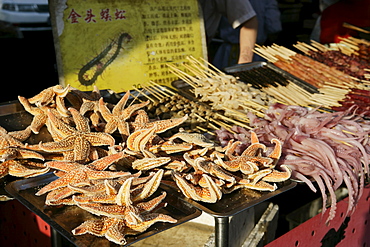 Strange Chinese food sold in Wangfujing Snak Road, Wangfujing Dajie shopping district, Beijing, China, asia