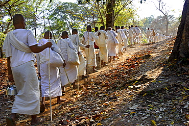 A procession of Buddhist nuns make their way through the temples of Angkor, Cambodia, Indochina, Southeast Asia, Asia