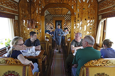 The restaurant car of the Trans-Mongolian train, Mongolia, Central Asia, Asia