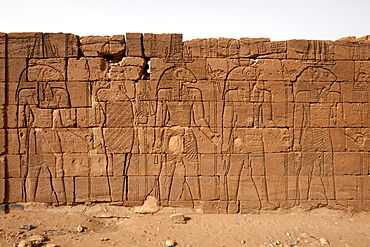 The Lion Temple, one of the Meroitic temples of Naqa, the carved reliefs depict King Natakamani in the company of gods Horus and Apedemak, Naqa, Sudan, Africa