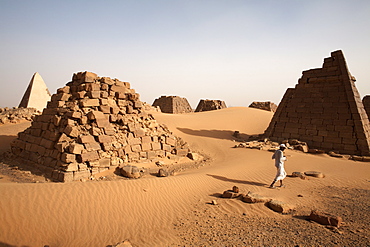 The western cemetery at Meroe containing the tombs of nobles and some reconstructed pyramids, Sudan, Africa