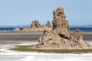 The desolate landscape of Lac Abbe, dotted with limestone chimneys, Djibouti, Africa