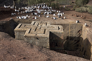 Sunday Mass is celebrated at the rock-hewn church of Bet Giyorgis (St. George), in Lalibela, UNESCO World Heritage Site, Ethiopia, Africa