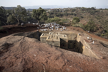 Sunday Mass is celebrated at the rock-hewn church of Bet Giyorgis (St. George), in Lalibela, UNESCO World Heritage Site, Ethiopia, Africa