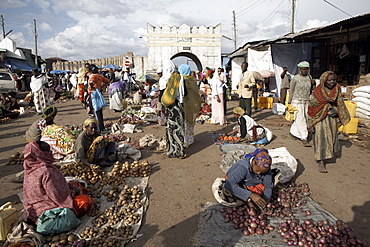 The market at the entrance to the Shoa Gate, one of six gates leading into the walled city of Harar, Ethiopia, Africa