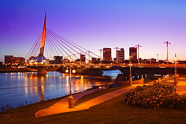 Esplanade Riel Bridge over the Red River, Winnipeg, Manitoba, Canada, North America