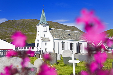 Honningsvag church and graveyard, Honningsvag Port, Mageroya Island, Finnmark Region, Arctic Ocean, Norway, Scandinavia, Europe