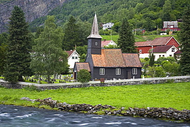 Flam church dating from 1670, and Flamsdalen Valley River, Flam, Sognefjorden, Western Fjords, Norway, Scandinavia, Europe