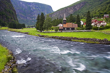 Flam church dating from 1670, and Flamsdalen Valley River, Flam, Sognefjorden, Western Fjords, Norway, Scandinavia, Europe