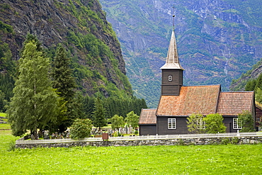 Flam church dating from 1670 in Flamsdalen Valley, Flam, Sognefjorden, Western Fjords, Norway, Scandinavia, Europe