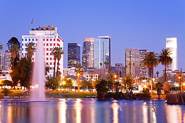 MacArthur Park Lake and city skyline, Los Angeles, California, United States of America, North America