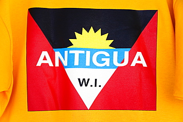 Antigua and Barbuda national flag on a teeshirt, St. Johns, Antigua Island, Antigua and Barbuda, Leeward Islands, Lesser Antilles, West Indies, Caribbean, Central America