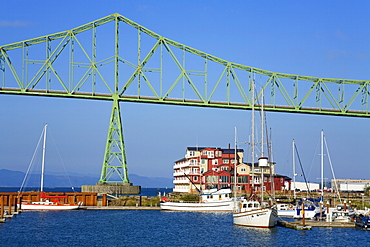 Yacht marina and Astoria Bridge over the Columbia River, Oregon, United States of America, North America