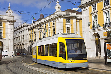 Light rail in Praca do Comercio, Baixa District, Lisbon, Portugal, Europe