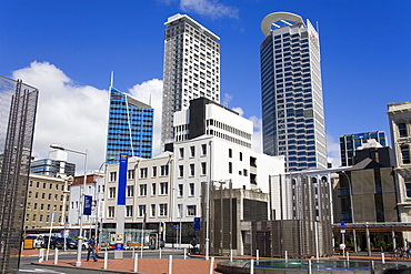 Skyscrapers viewed from Taku Square, Central Business District, Auckland, North Island, New Zealand, Pacific