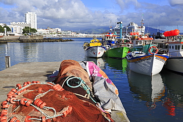 Fishing boats in harbour, Ponta Delgada Port, Sao Miguel Island, Azores, Portugal, Atlantic, Europe