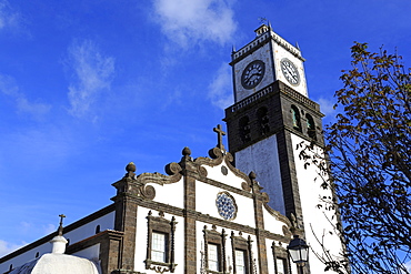 Main Church clock tower, Ponta Delgada City, Sao Miguel Island, Azores, Portugal, Europe 