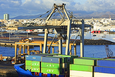 Conatiner ship in the Port of Marmoles, Arrecife, Lanzarote Island, Canary Islands, Spain, Atlantic, Europe