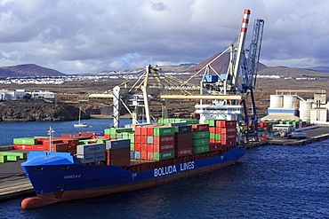 Conatiner ship in the Port of Marmoles, Arrecife, Lanzarote Island, Canary Islands, Spain, Atlantic, Europe