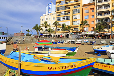 Fishing boats on Canteras Beach, Las Palmas City, Gran Canaria Island, Canary Islands, Spain, Atlantic, Europe