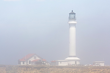 Point Arena Lighthouse in fog, Mendocino County, California, United States of America, North America 