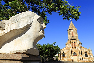 Sculpture by Francisco Martinez and Cathedral, Puntarenas City, Costa Rica, Central America