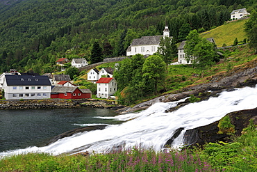 Hellesyltfossen Waterfall, Hellesylt Village, More og Romsdal County, Norway, Scandinavia, Europe